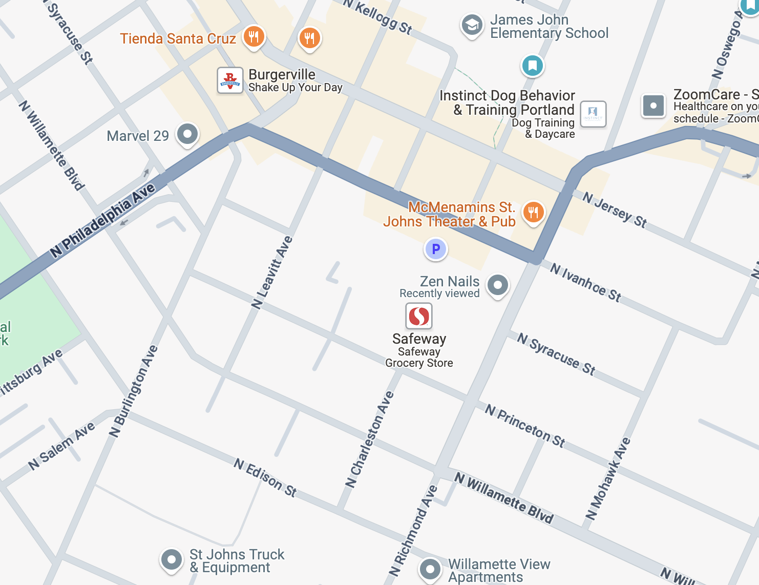 map showing zen nails in the safeway complex of St Johns Portland