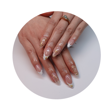 circle shaped photo of nails with a design done at zen nails in portland